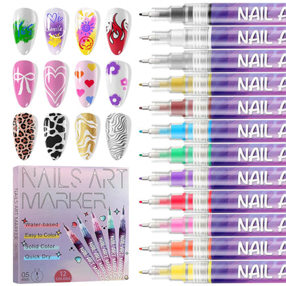 12 Colors Nail Art Pens Kit EBANKU 0.5MM Ultra-Fine Tip 3D Nail Polish Pens Quick-Dry Acrylic Paint Pens Nail Markers Dotting Tools for Home & Salon Manicure