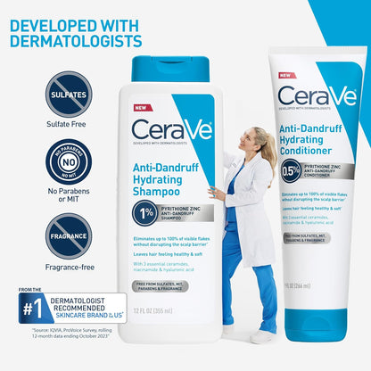 CeraVe Hydrating Anti Dandruff Shampoo, 1% Pyrithione Zinc Dandruff Treatment With Ceramides, Niacinamide & Hyaluronic Acid, Helps Eliminate Flakes & Provides Itchy Scalp Relief, Sulfate Free, 12 Oz