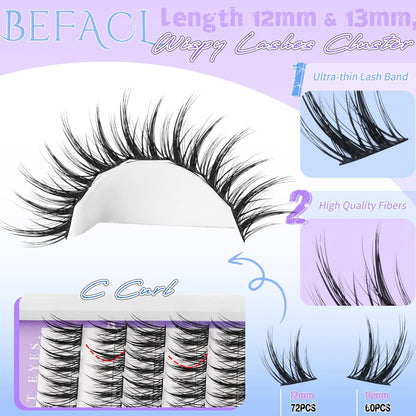 Natural Lash Clusters Wispy Cluster Eyelash Extensions Waterproof Individual Lashes 12&13mm Short Eyelash Clusters Manga Lashes Clusters Kit(132Pcs,C Curl)