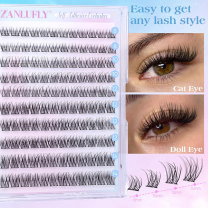 zanlufly Self Adhesive Lash Clusters No Glue Eyelashes C Curly Reusable Pre-glued Lashes No Damage Self Adhesive Eyelash Clusters Press on Eyelashes(8-14mm,120Pcs)