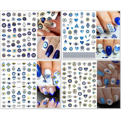 14 Sheets Evil Eye Nail Stickers, 3D Turkish Blue Eye Design Nail Art Decals, Self Adhesive Hamsa Hand of Fatima Manicure Decorations