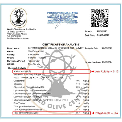 Entimio Cortese +700 mg/kg Polyphenol Rich Organic Extra Virgin Olive Oil, New 2024-2025 Early Harvest Italian Olive Oil from Tuscany, Italy, 2025 Gold Winner, Cold Extracted, Lab Tested - 16.9 fl oz