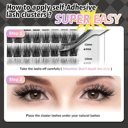 Self Adhesive Eyelashes, 156 Pcs Self Adhesive Eyelash Clusters, No Glue Needed, Invisible 2-Strip Tape - Longer Lasting, No Sticky Residue Pre Glued Eyelashes (Volume-Mixed)