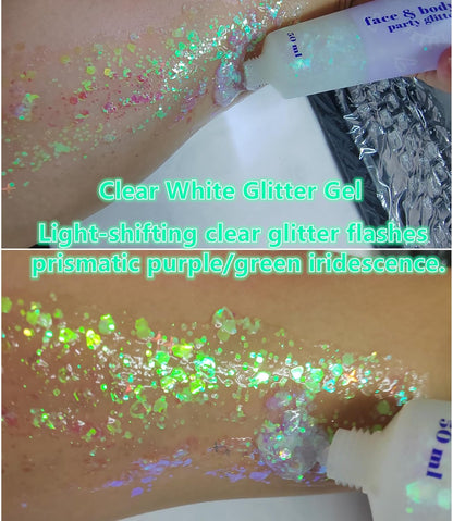 Go Ho 2PCS White Face Body Glitter Gel,Singer Concerts Face Glitter Makeup,Holographic Long Lasting Chunky Sequins Glitters for Eye Lip Hair Nails,Festival Rave Accessories,06 Fairy White Glitter