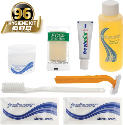 Moda West 96 Kits - Bulk Case of Wholesale Basic Toiletry Bathroom Kits for Men, Women, Travel & Charity, Shampoo, Toothpaste, Deodorant & More, Perfect for Homeless Shelters & Airbnb Donation
