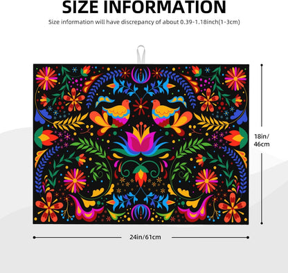 Mexican Flower Microfiber Dish Drying Mat for Kitchen Counter Mexican Dishes Pad Black Dish Drainer Rack Mats 18"x24" Absorbent Washable Reusable