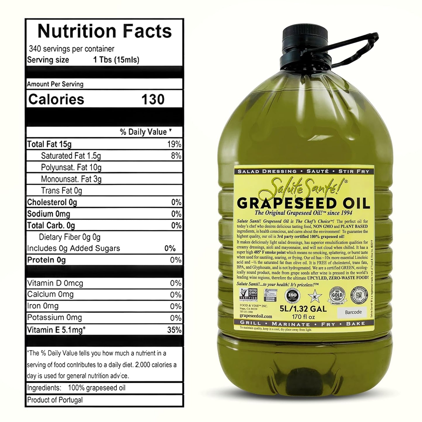 Grapeseed Oil – Cold Pressed & 100% grape oil | “Good Inside and Out” Beauty & Cooking Oil | High-Heat, Non-GMO, Kosher, Vegan | For Skincare, Hair, Massage, Soap & Gourmet Recipes | 5 Liter Jug