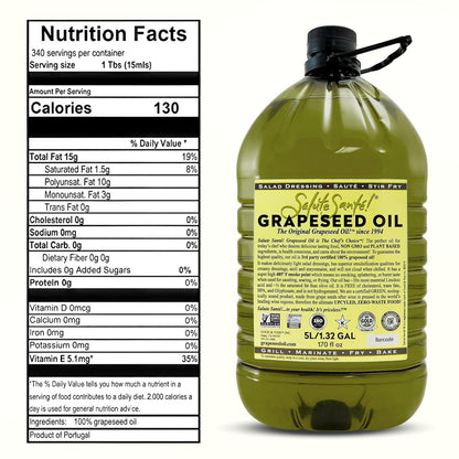Grapeseed Oil – Cold Pressed & 100% grape oil | “Good Inside and Out” Beauty & Cooking Oil | High-Heat, Non-GMO, Kosher, Vegan | For Skincare, Hair, Massage, Soap & Gourmet Recipes | 5 Liter Jug