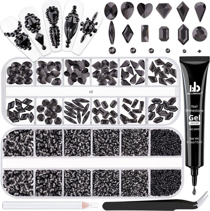 2630Pcs Black Glass Nail Rhinestones: 120Pcs Multi Shapes + 2510Pcs 1.5-4mm Round, Nail Art, Manicure, Craft Beads