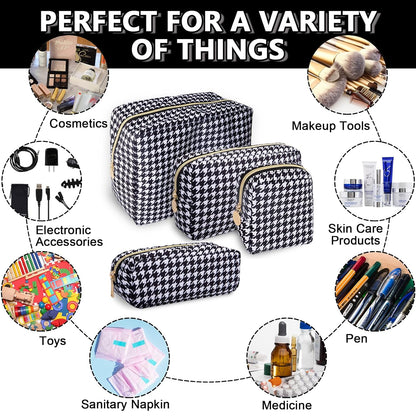 Small Pencil Case Makeup Bag for Purse, Cute Pencil Pouch Nylon Preppy Houndstooth Makeup Brush Bag with Zipper, Girl Portable Stationery Storage Case Small Pen Bag for Office School(Slim-Houndstooth)