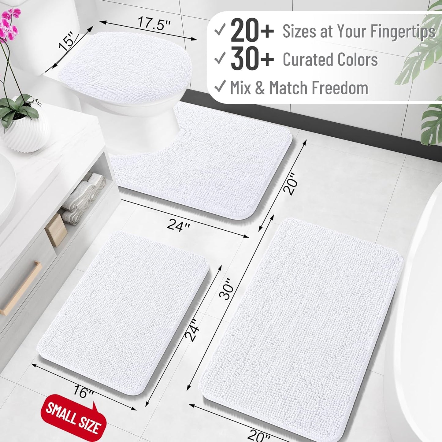 OLANLY Toilet Rugs U-Shaped 24x24, Extra Soft Absorbent Chenille Contour Bathroom Rugs for Toilet, Dry Quickly, Machine Washable, Non-Slip Bath Mat, White
