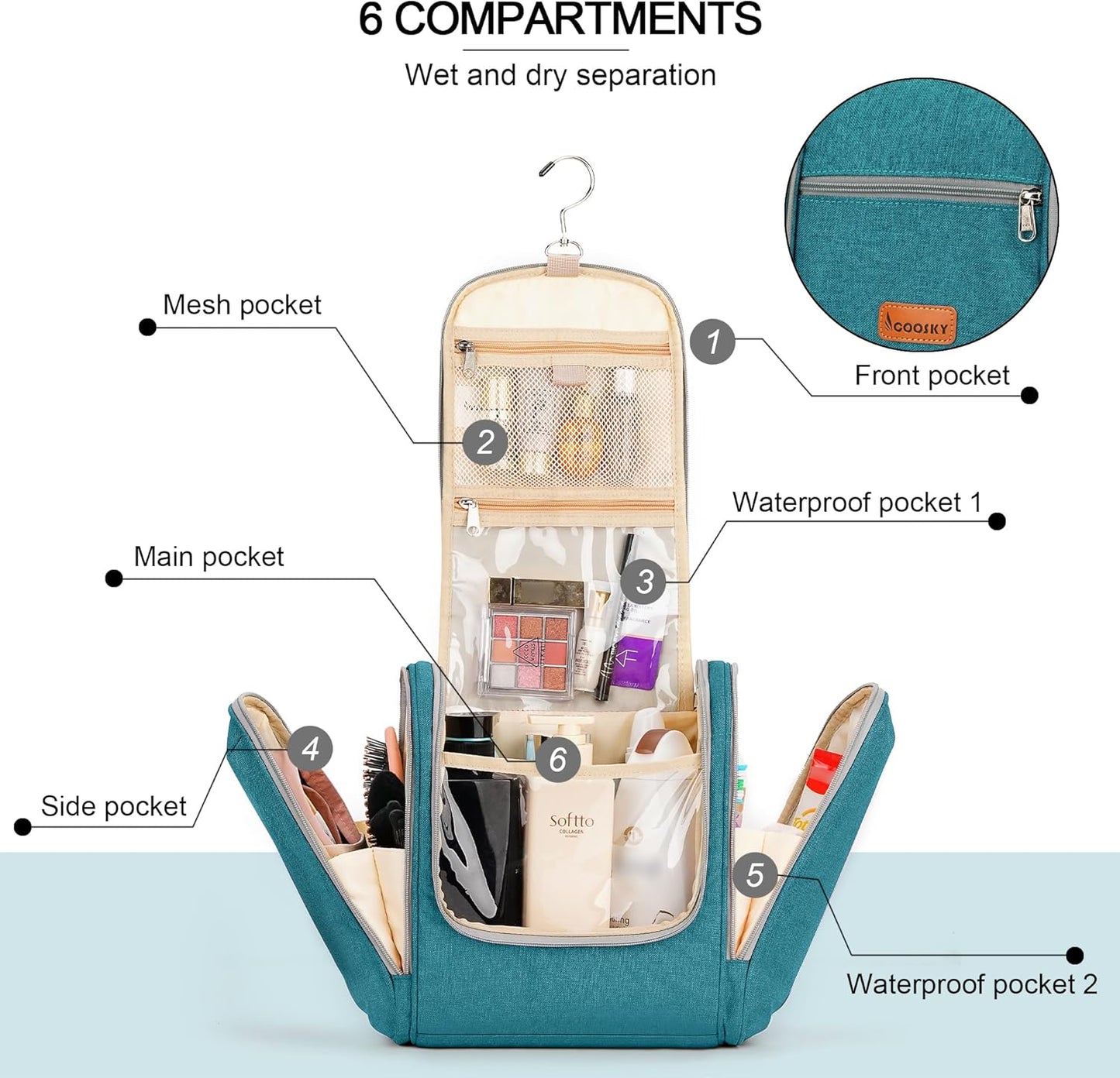 Extra Large Toiletry Bag for Women and Men, 6 Organizer Compartments, Holds Full Size Shampoo, with Hanging Hook Cosmetic Bag, Travel Makeup Bag, Bathroom Water-resistant Toiletries Bag, Blue