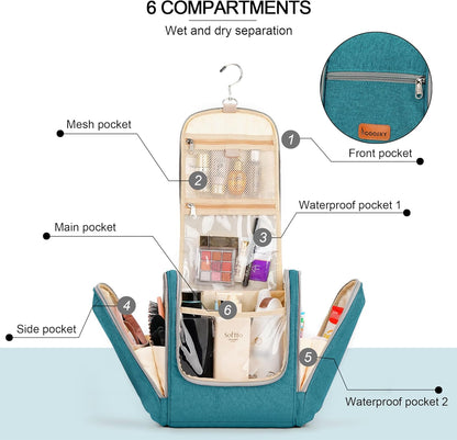 Extra Large Toiletry Bag for Women and Men, 6 Organizer Compartments, Holds Full Size Shampoo, with Hanging Hook Cosmetic Bag, Travel Makeup Bag, Bathroom Water-resistant Toiletries Bag, Blue