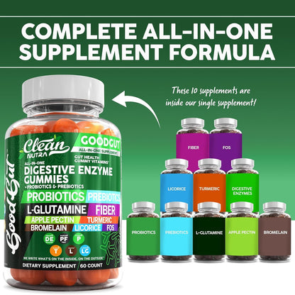 Digestive Enzymes with Probiotics and Prebiotics For Digestive Health Gummies + L-Glutamine For Gut Health Bromelain Turmeric Licorice Fiber Apple Pectin Inulin FOS Plant Pased Vegan Gummy Vitamins