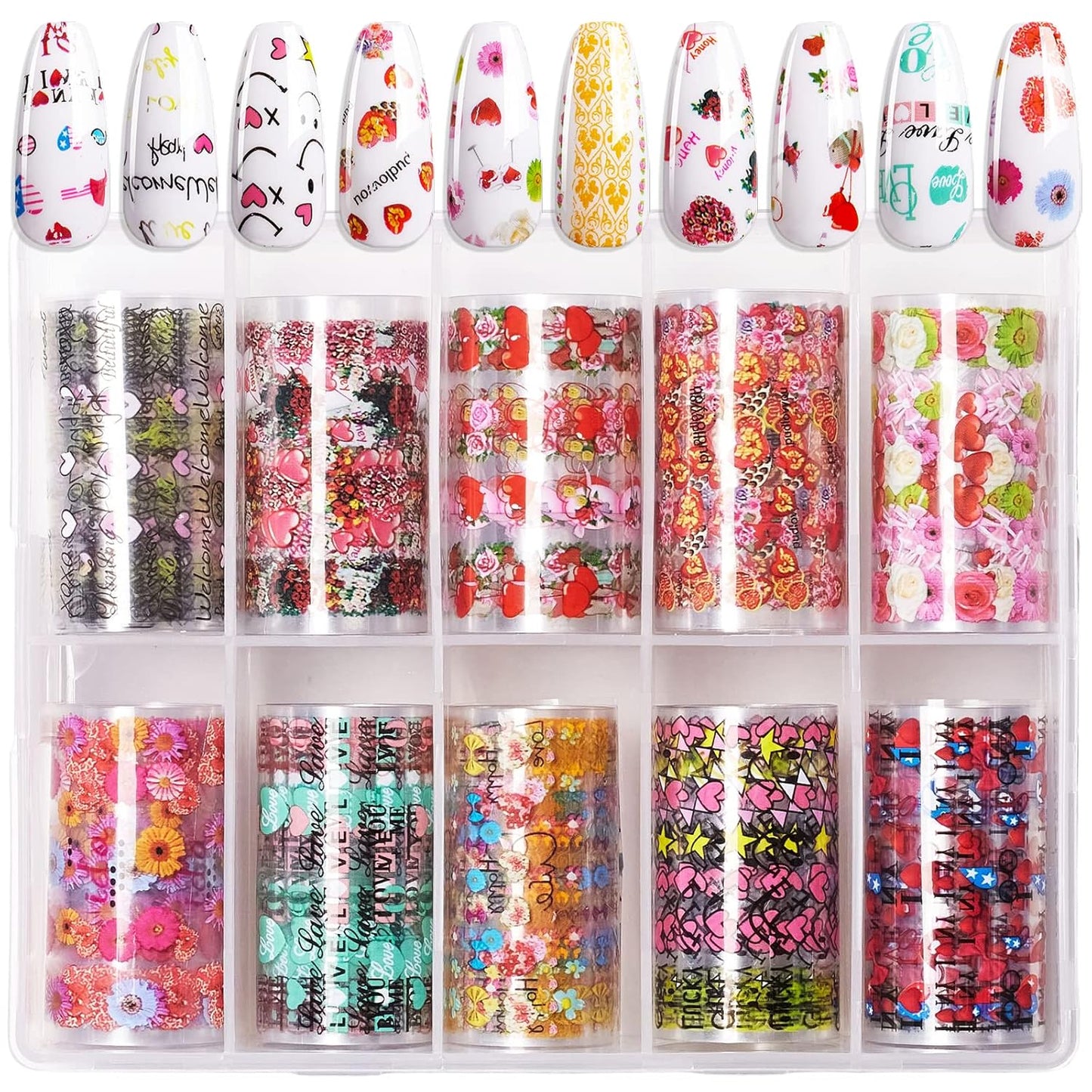 Makartt Nail Foil Sheets, 10 Rolls Thanksgiving Valentine Theme Transfer Nails Sticker for DIY Art Decorations & Design - 2.5x100cm