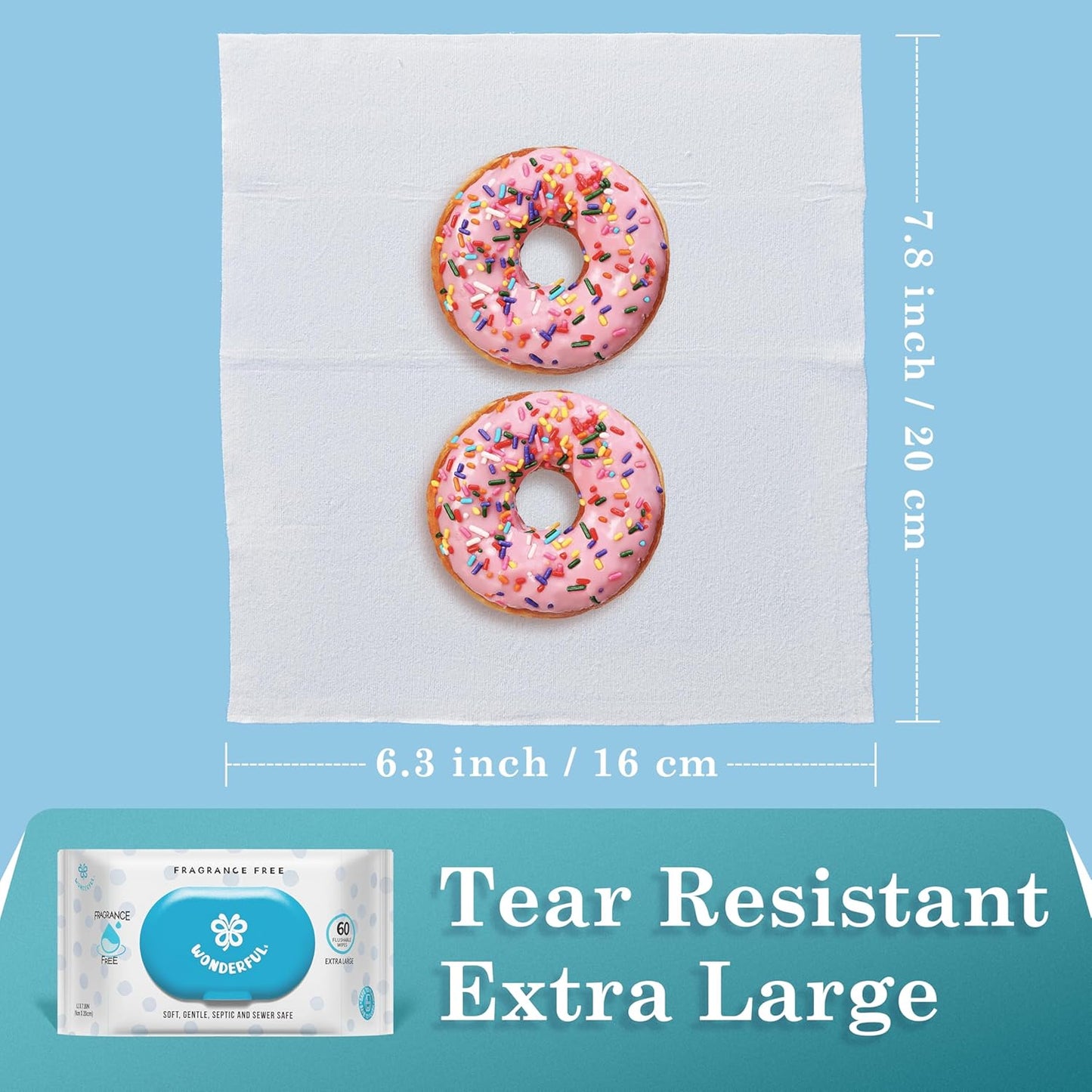 WONDERFUL Flushable Butt Wipes, Unscented 100% Plant-Based Wet Wipes for Adults & Kids, Sewer & Septic Safe, Gentle for Sensitive Skin, Wipes Flushable Pack for Bathroom & Travel, 3-Pack (180 Wipes)