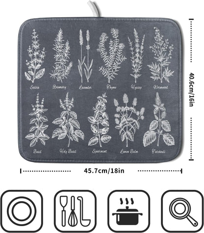 Flower Herbs Dish Drying Mat Wild Plant Dish Rack Mat with Hanging Loop Fast Dry Dish Drainer Pad for Kitchen Counter Sink 16x18 Inch
