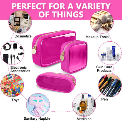 Clear Small Pencil Pouch Makeup Bag for Purse,Nylon&PVC Pencil Case Waterproof Makeup Brush Holder with Zipper,Preppy Transparent Pen Bag Travel Cosmetic Bag for Women Office(Slim-Hot Pink)