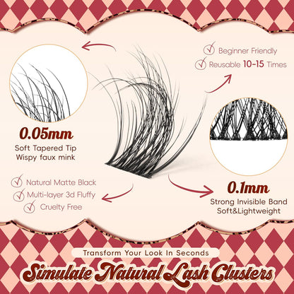 Lash Clusters 0.05mm PBT Fiber Eyelash Clusters, 0.1mm Superfine Invisiband D Curl Diy Lash Extension, 96pcs 8-16mm Individual Like Eyelash Extensions (Velvet-D-8-16Mix)