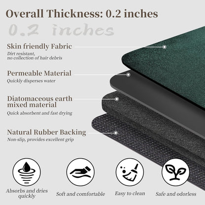 Bath Mat Rugs 32x17 - Diatomaceous Earth Bath Mat Quick Dry Absorbing Bathroom Rugs Rubber Non Slip Thin Bathroom Mat Fit Under Door, Bath Mat for Bathroom Floor, Tub and Shower, Sink, Dark Green