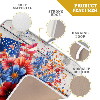 4th of July Dish Drying Mat 16x18 inch Patriotic Floral Fast Dry Microfiber Reversible Dish Drainer Rack Pad Kitchen Counter Accessories