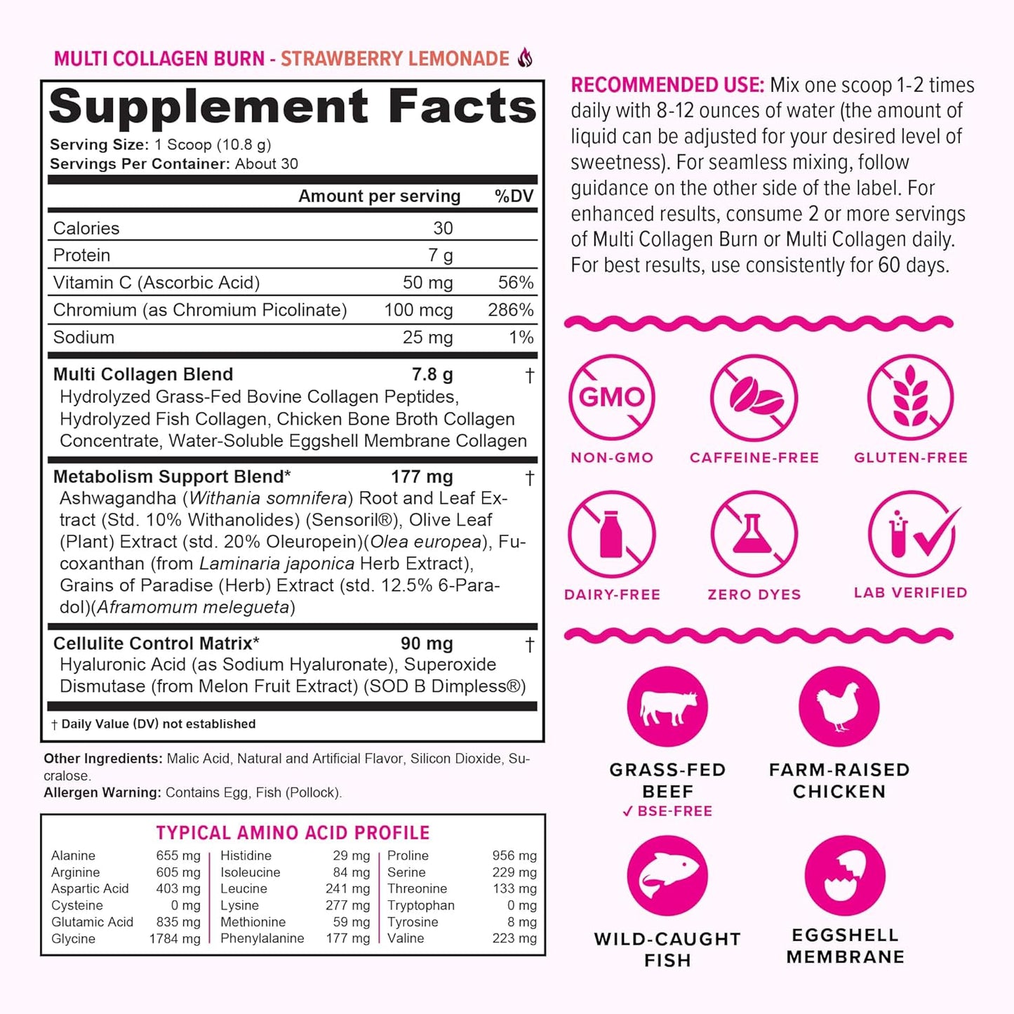 Multi Collagen Burn: Hydrolyzed Protein Peptides with Hyaluronic Acid, Vitamin C, SOD B Dimpless, Types I, II, III, V and X, Caffeine-Free Strawberry Lemonade Flavored 30 Servings