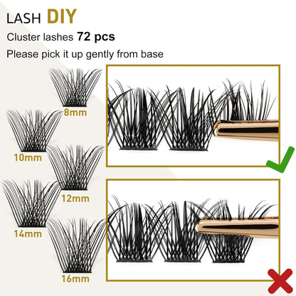 Lash Clusters B02 D Curl 10mm DIY Eyelash Extensions 72 Clusters Lashes C D Curl B&Qaugen Mega Volume Individual Lashes Eyelash Clusters Extensions Individual Lashes Cluster DIY at Home (NM-D-10mm)