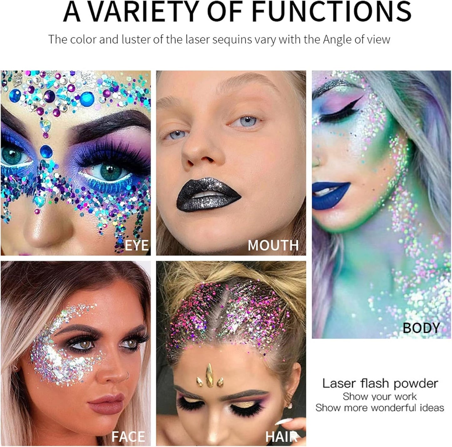 MAEPEOR Chunky Face Body Glitter Gel 19 Colors Mermaid Sequins Holographic Body Glitter Gel Long-Lasting Festival Makeup Glitter Paint for Face Body Hair Nails (30g, 09 White)