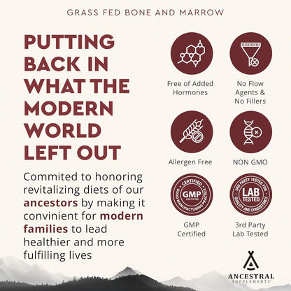 Ancestral Supplements Grass Fed Beef Bone and Marrow Supplement, 3000mg, Skin, Oral Health, and Joint Support Supplement, Promotes Whole-Body Wellness, Non GMO Whole Bone Extract, 180 Capsules