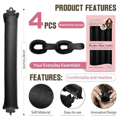 Heatless Curls Overnight, 4 Pcs No Heat Curling Blowout Rod, Satin Blowout Look Heatless Hair Rollers, Soft Flexi Rods for Big Curls to Sleep In