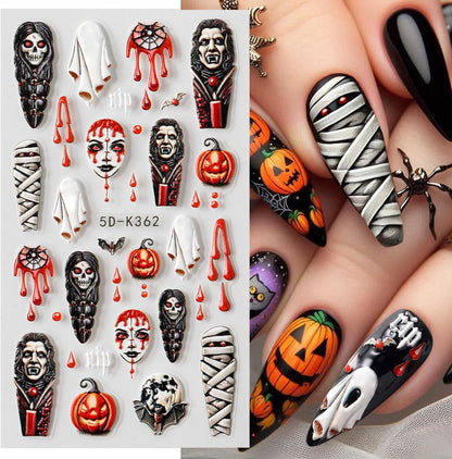 2 Sheets Halloween Nail Art Stickers 5D Embossed Horror Ghost Nail Stickers Big Red Lips Pumpkin Devil's Flame Eye Bat Design Terror Spider Mummy Nail Decals for Women Acrylic DIY Nail Decorations