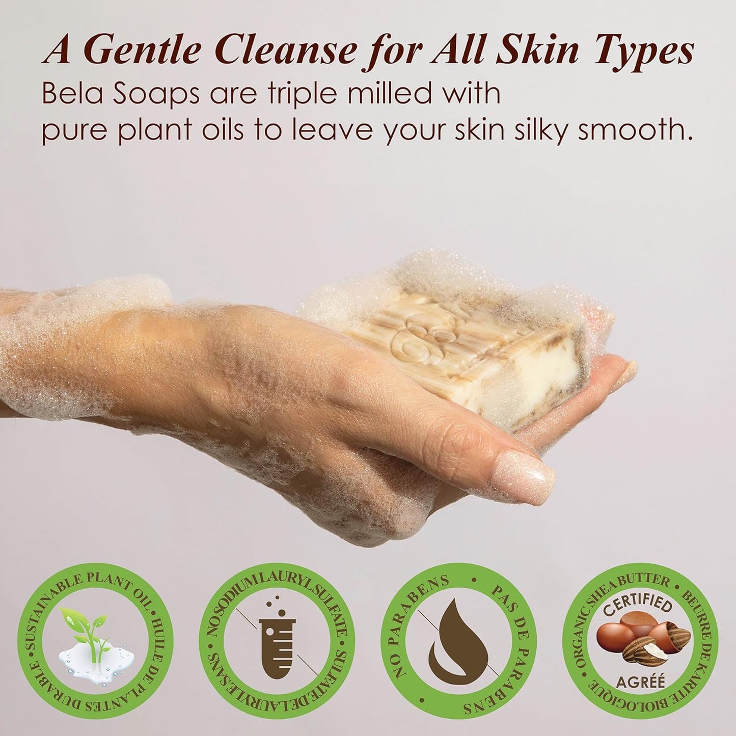 BELA Sandalwood Soap 3.3 OZ, Pack of 6 French Triple Milled Bar Soap with Organic Shea Butter, Hand, Face and Body Wash Bar, Made in Australia