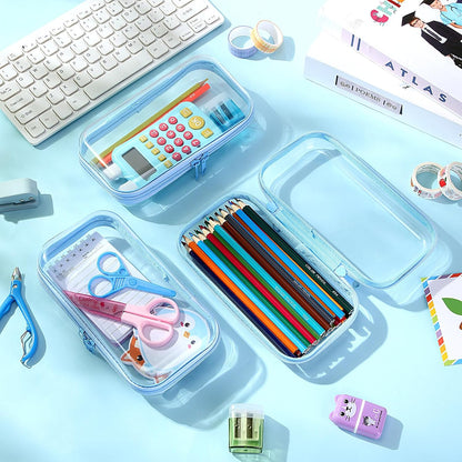 Hoolerry 3 Pcs Clear Hard Zipper Case Plastic Pouch Transparent Hard Case Clear Makeup Bag Portable Travel Organizer Bin for Cosmetics, Building Blocks, Puzzles(Blue,S)