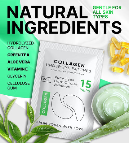Under Eye Patches for Dark Circles, Puffiness 30 PAIRS - Dark Circles Under Eye Treatment - Under Eye Mask Gel - Under Eye Gel Patches for Puffy Eyes - Green Tea, Collagen Eye Patches - Under Eye Pads