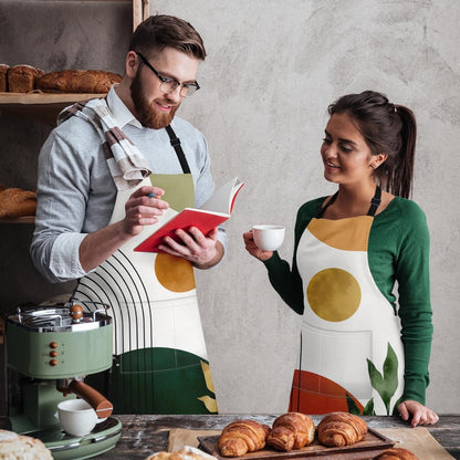 Britimes 2 Pack Aprons, Boho Mid Century Sun Adjustable Bib Aprons with 2 Pockets for Women Men Couple Lovers Chef Home Kitchen Cooking Baking Gardening Orange Green Apron 32x28 Inches