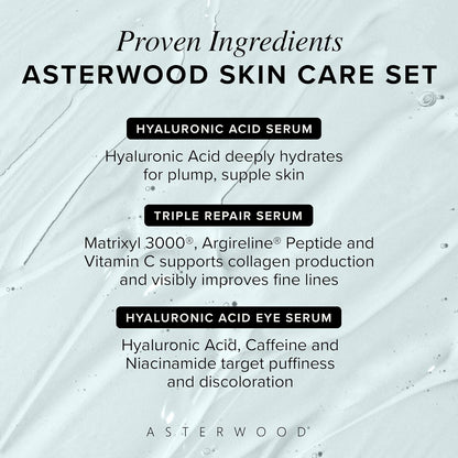 Asterwood Skin Care Set - with Hyaluronic Acid & Triple Repair Serums, Under Eye Serum - Skincare Essentials - Hydrating, Moisturzing, Anti-Aging - Fragrance-Free