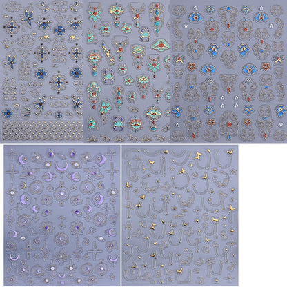 5 Sheets Bohemian Style Nails Art Stickers 3D Self-Adhesive Relief Nails Stickers Stars Moon Sun Golden Butterfly Flower Nail Decal Supplies Women's DIY Bohemian Nail Art Decoration