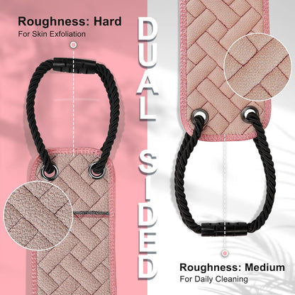 Exfoliating Back Scrubber with Upgraded Handles, 38.5 Inch Double-Sided Body Scrub Bath Exfoliator, Exfoliating Washcloth for Use in Shower, Back Washer to Deep Clean Your Skin for Men & Women (Pink)