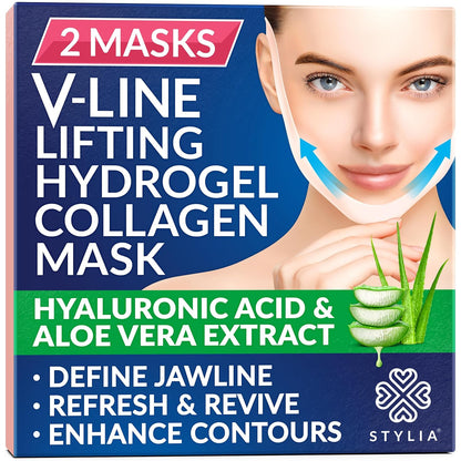 Stylia V Line Lifting Collagen Face Mask - Double Chin Strap for Women - Jawline Shaper Face Lift Tape - Neck Lift Collagen Mask - Chin Strap for Sleeping - Hyaluronic Acid, Aloe Vera, Cica 2PC