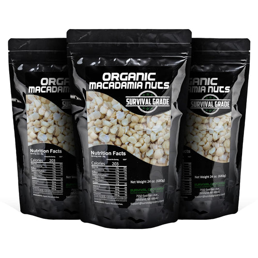 Survival Grocery® Organic Macadamia Nuts – Keto-Friendly Healthy Fats & Plant Protein, Oxygen- & Light-Barrier Packaging + O₂ & Moisture Packs, (Single or Multi-Pack Savings) (72 oz./3 Bags)