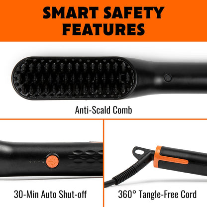 TAME The Wild Beard Brush and Beard Straightener for Men - Ionic Heated Comb with 3 Adjustable Temps - Wooden Beard Comb for Grooming - Anti-Scald Safety - for All Hair Types