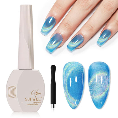 Blue Holographic Gel Nail Polish with Magnetic Rainbow Cat Eye Gel Nail Polish Cateye Glitter Nails Polishes Gels Iridescent Effect for Home DIY Women Girls