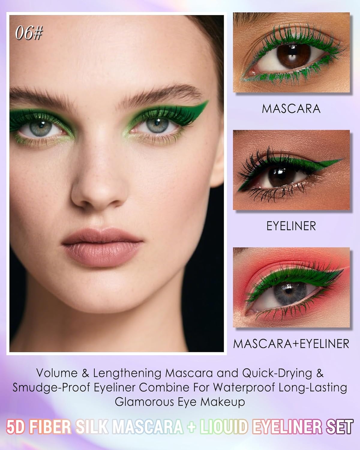 Green Mascara Liquid Eyeliner Set, Update Longlasting Waterproof Color Eye Liner Pen, 5D Silk Fiber Colored Mascara Volume and Length, Halloween Party Stage Use Eye Makeup Gift Kit for Women Girl-06