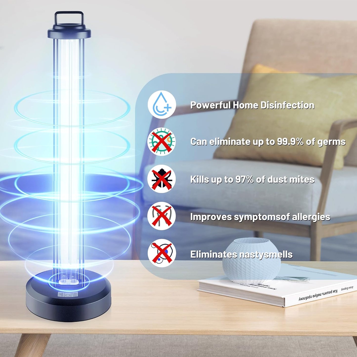 100W UV Sanitizer Light, Portable Ultraviolet Light with 3-Gear Timer and Remote Control, 110V, 99.99% UVC Ozone Free UV Lamp for Home, Office, Hotel, School