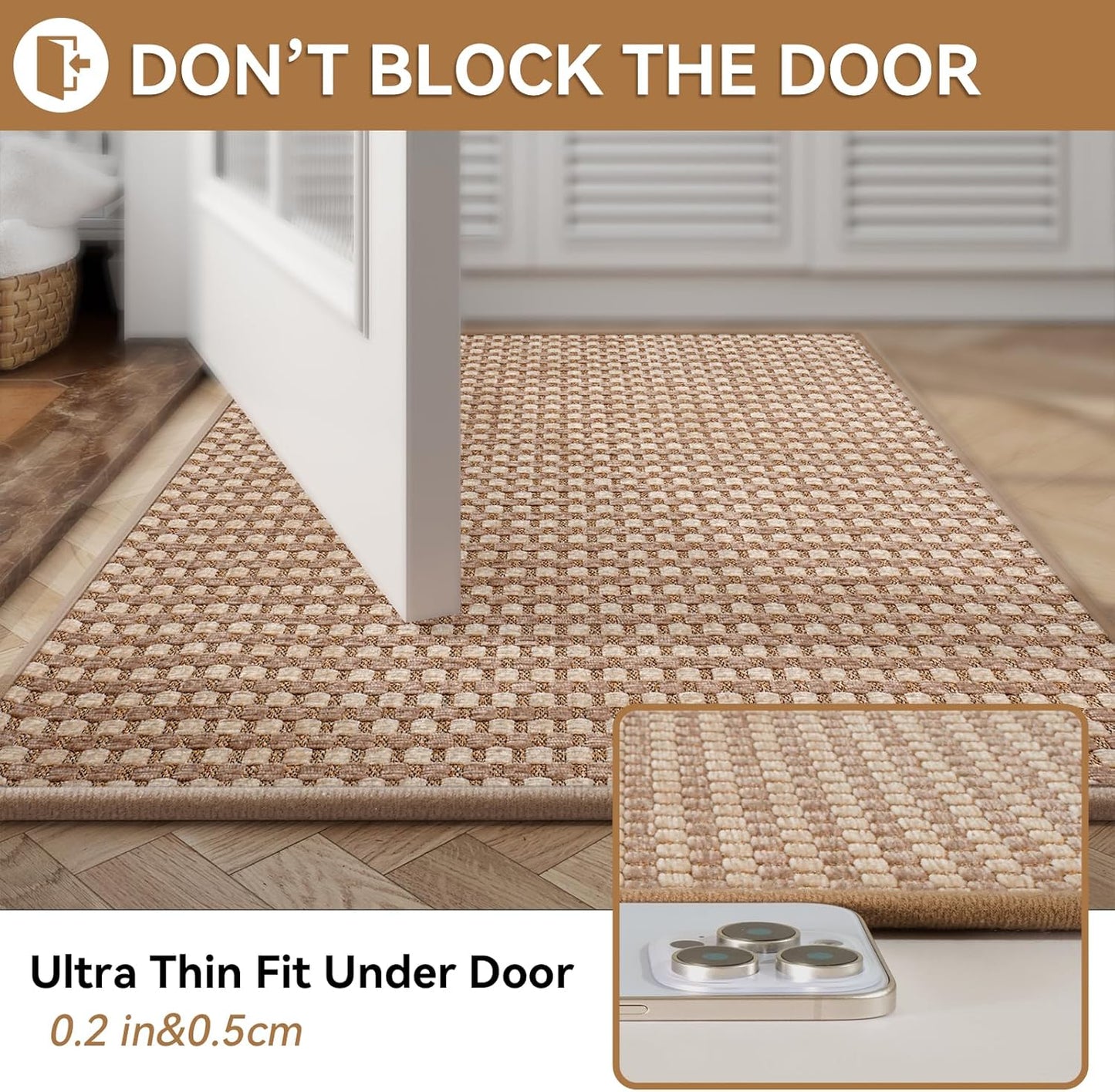 Non Slip Bath Mat Bathroom Rugs, Soft Braided Ultra Thin Bath Mats, Super Absorbent Quick Dry Bath Rug Shower Mat, Rubber Backing, Fit Under Door Bathroom Floor, Machine Washable, Brown 16"x24"