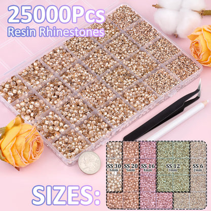 25000Pcs Resin Rhinestones with Tweezers for Crafting, Champagne 2-6mm Mixed Sizes Non Hotfix Flatback Gems, Bedazzling Crystal for DIY Craft Clothing Mugs Tumblers Shoes Fabric Decor Nail Art