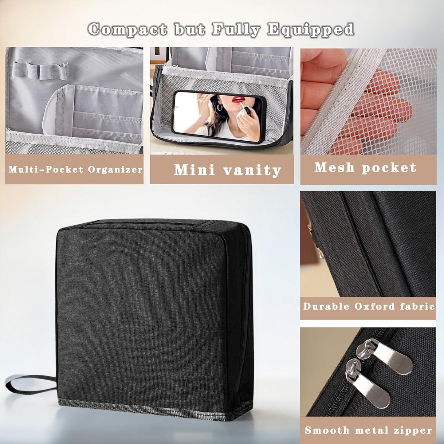 Standing Makeup Bag with Brush Holder, Organizer Travel Cosmetic Bags, Small Make Up Pouches for Women Black