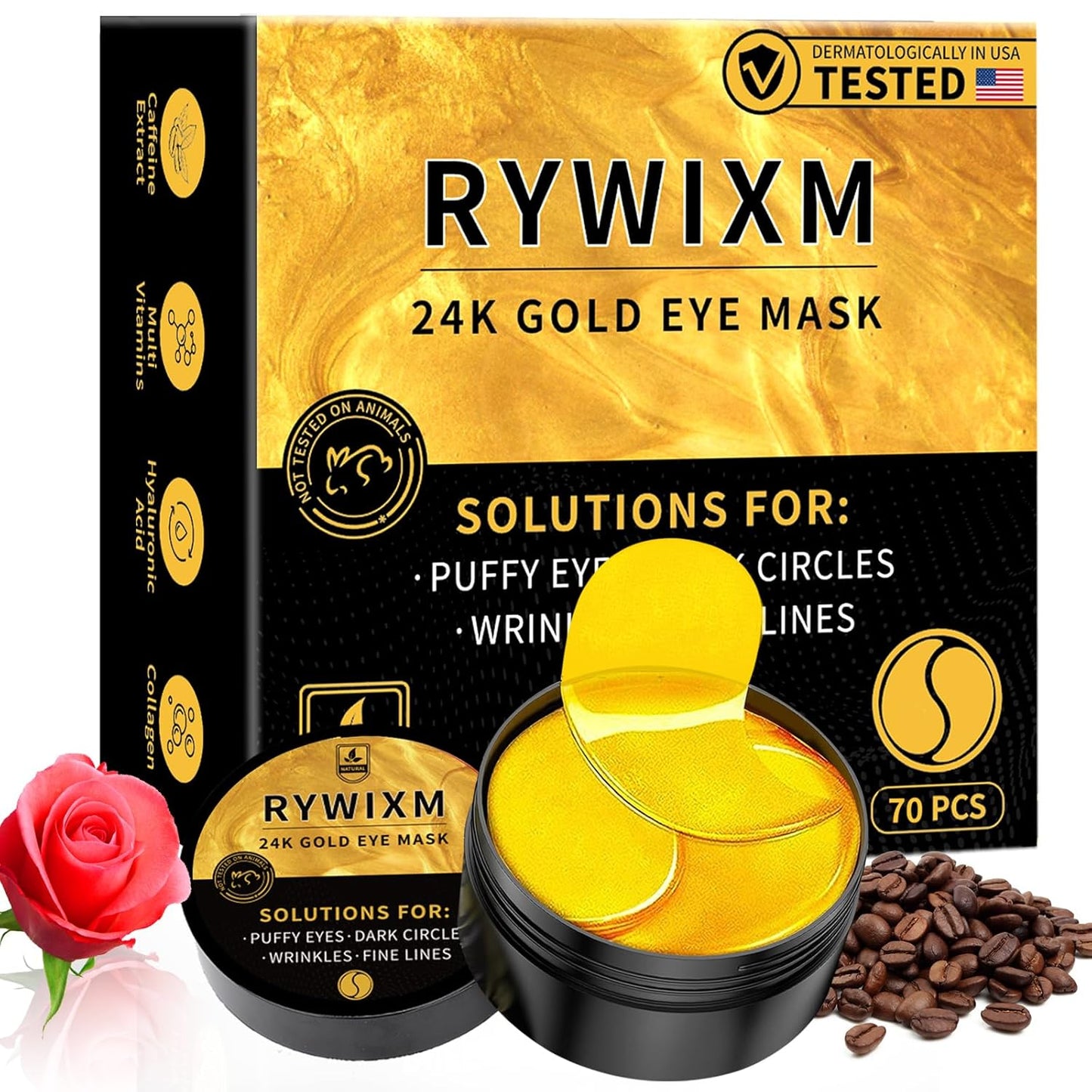 24K Gold Eye Masks for Dark Circles and Puffiness 70PCS, Under Eye Patches for Puffy Eyes Treatment, Under Eye Mask w/Caffeine, Hyaluronic Acid, Peptides for Eye Bags Treatment, Eye Mask Skincare