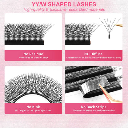 Lash Extensions 6D Eyelash Extensions W Lashes 0.07mm Thickness C Curl Lashes 8mm Soft Lash Trays Pestañas Pelo a Pelo Natural Matte Black False Eyelashes Individual Lashes(W-6D-0.07-C,8mm)