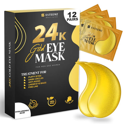 24K Gold Under Eye Patches For Puffy Eyes (12 Pairs Individually Wrapped) - Collagen Enriched Under Eye Masks for Dark Circles and Puffiness, Hyaluronic Acid Under Eye Mask Patches for Wrinkles